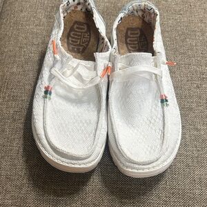 Hey Dude White Moccasins with Orange Accents